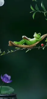 Frog relaxing on a tree branch with lotus flower nearby under moonlight.