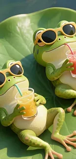 Two cartoon frogs with drinks on a lily pad.