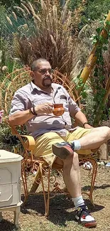 Man relaxing in a garden chair, sipping tea in the sunny outdoors.