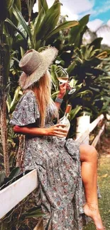 Woman relaxing in a garden with wine, surrounded by lush greenery.