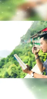 Man enjoying tea and book on a lush hillside.