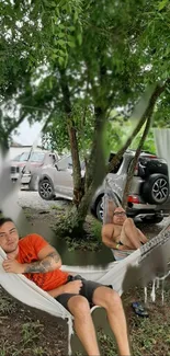 Two people relax in hammocks under green trees outdoors.