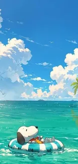 Cartoon character relaxing on a raft in a tropical island setting.