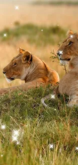 Two lions resting in the golden savanna, surrounded by lush grass and sparkles.