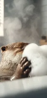 Otter enjoying a relaxing bubble bath in a warm setting.