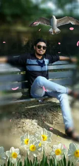 Man relaxing on a bench with nature backdrop and daffodils.