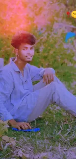 Young man relaxing outdoors in nature with warm sunlight and green surroundings.