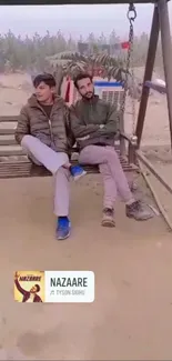 Two people sitting on a wooden swing in a peaceful outdoor setting.