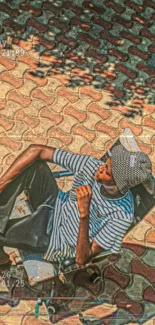 Person relaxing on patterned tiles under a tree shade