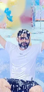 Man enjoying a splash in a vibrant pool.