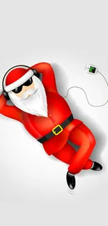 Relaxed Santa listening to music on a festive phone wallpaper.