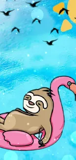 A cartoon sloth relaxes on a pink float in a bright blue ocean.