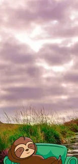 A relaxed sloth on an armchair with a lilac sky and nature path in the background.