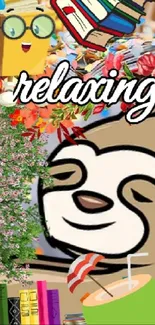 Cartoon sloth enjoying books and flowers with 'relaxing' text.