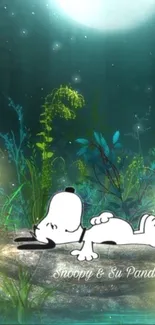 Snoopy relaxing in a tranquil garden setting mobile wallpaper.