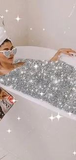 Woman relaxes in glitter-filled bathtub with a magazine in chic setting.