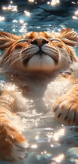 Tiger floating in peaceful blue water, surrounded by sparkles.