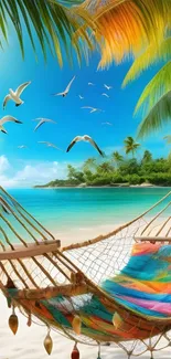 Tropical beach with hammock, palm trees, and seagulls under a bright blue sky.