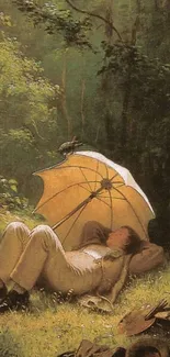 Vintage art of a man resting under an umbrella in a forest.