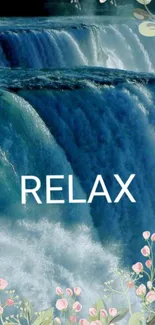 Relaxing waterfall wallpaper with blue waters and floral accents.