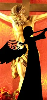 Religious wallpaper with angel silhouette and divine figure in golden background.