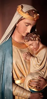 Religious statue of a serene mother and child in soft tones.