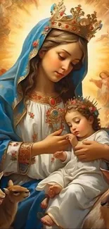 Divine mother holding child surrounded by angels and animals.