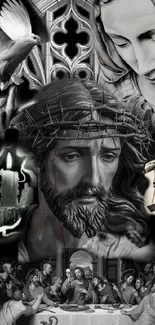 Black and white religious artwork with Christian symbols.