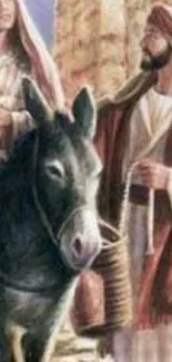 Religious journey art featuring biblical figures and a donkey.