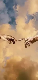 Renaissance-style painting of hands and clouds in a mobile wallpaper design.