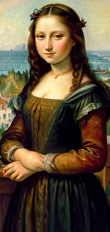 Renaissance lady in elegant attire with a scenic seascape background.