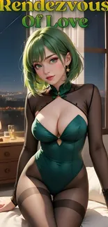 Anime character in green outfit with city night view, elegant and romantic.