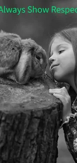 A girl tenderly interacting with a rabbit, with 'Always Show Respect' text.