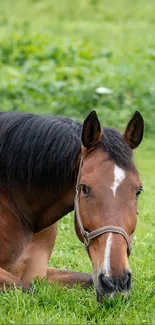 Resting horse on a lush green pasture.