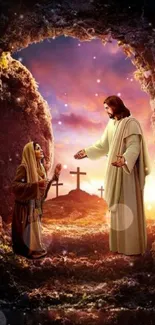 Beautiful resurrection scene with Jesus and woman, vibrant colors.