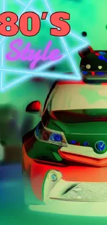 Retro 80's neon style car wallpaper with colorful design.