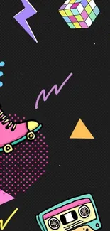 Retro 80s vibrant wallpaper with neon graphics, roller skate, and geometric shapes.