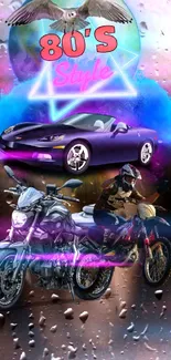 80s retro style wallpaper with car and motorcycles.