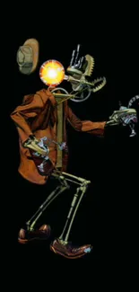 Futuristic skeleton art in brown coat on dark background.