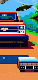 Pixel art of a retro truck with cosmic elements in vibrant colors.