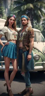 Couple in vintage attire by a retro van under palm trees.