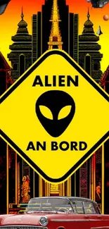 Yellow alien-themed retro sign with classic car.