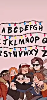 Stranger Things inspired artwork with alphabet and friends group.