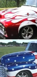 Vintage trucks with patriotic designs and vibrant colors on green grass.