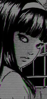 Retro anime wallpaper with glitch effects featuring a character in black and white.