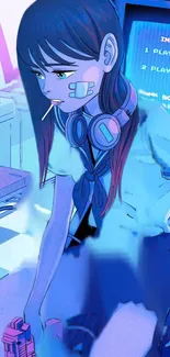 Anime girl wearing headphones with a lollipop in a retro arcade setting.