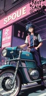 Anime scene with blue-haired character on motorcycle in neon urban setting.