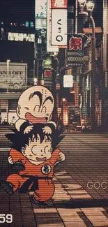 Anime characters on a retro styled city street at night.