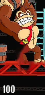 Retro game character on red structure with barrels.