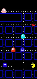 Classic Pac-Man maze with ghosts and dots wallpaper.